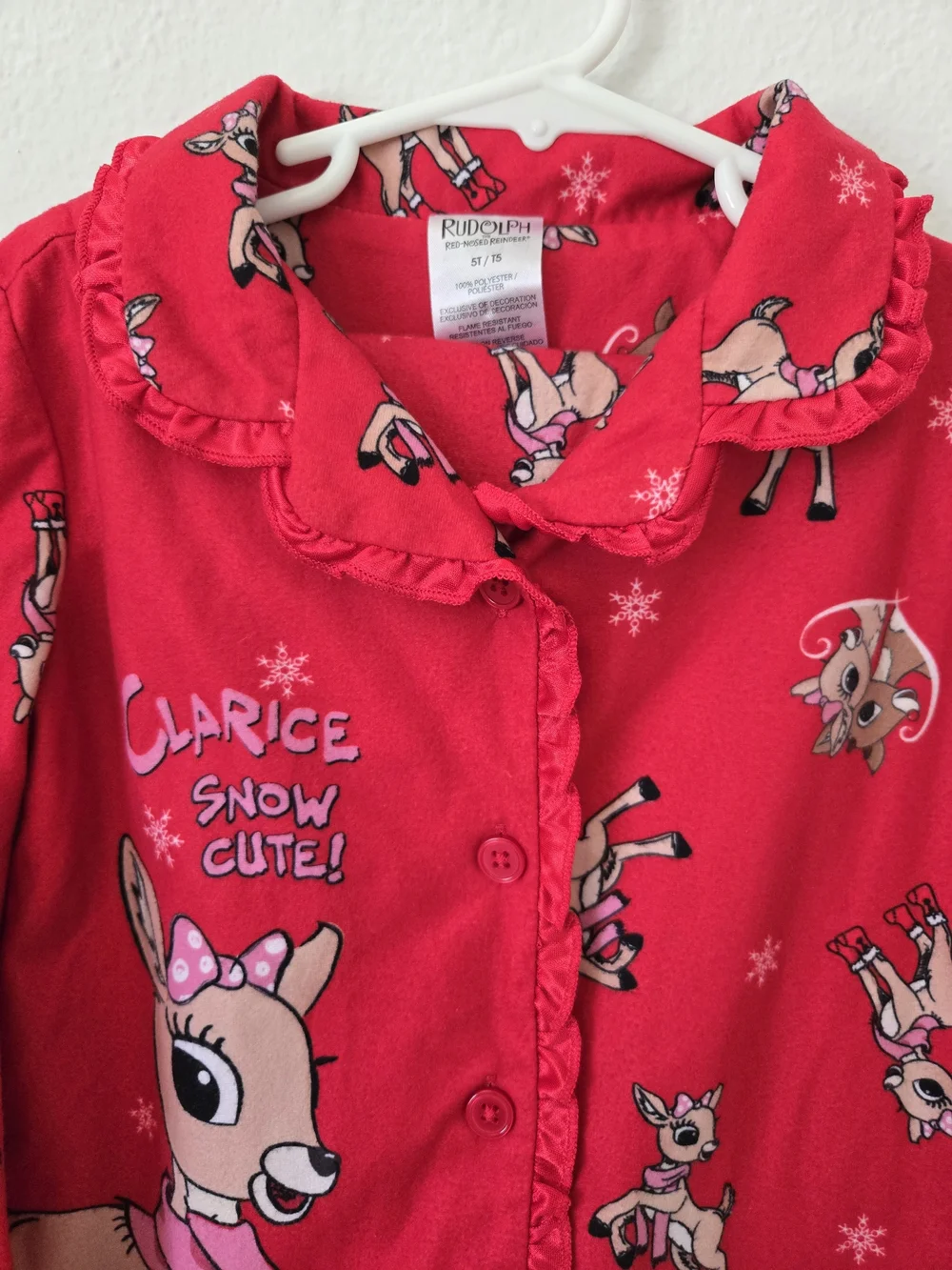 Clarice Reindeer Snow Cute Toddler Girl's Red Holiday Button Down Pajama SET